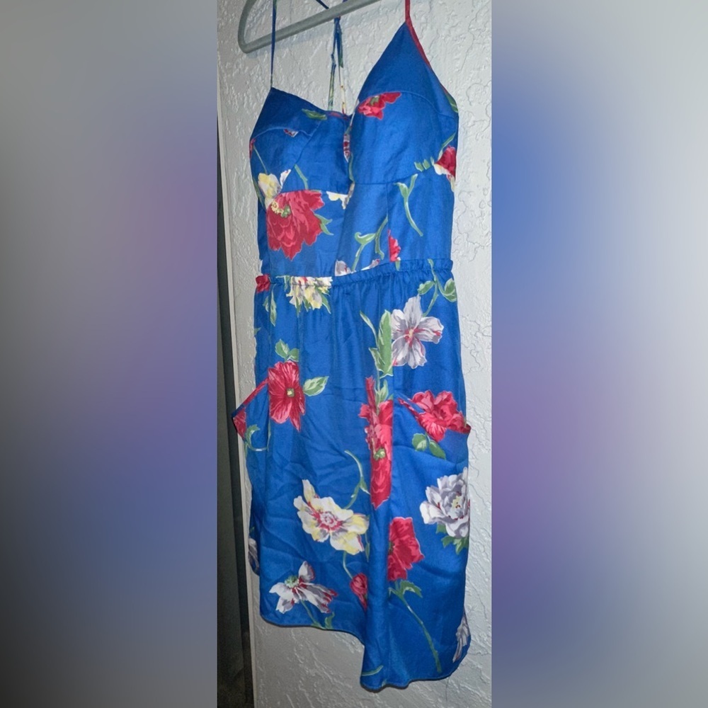 American Eagle Blue Floral Mini Dress With Racer back Straps & Pockets - Picture 4 of 8